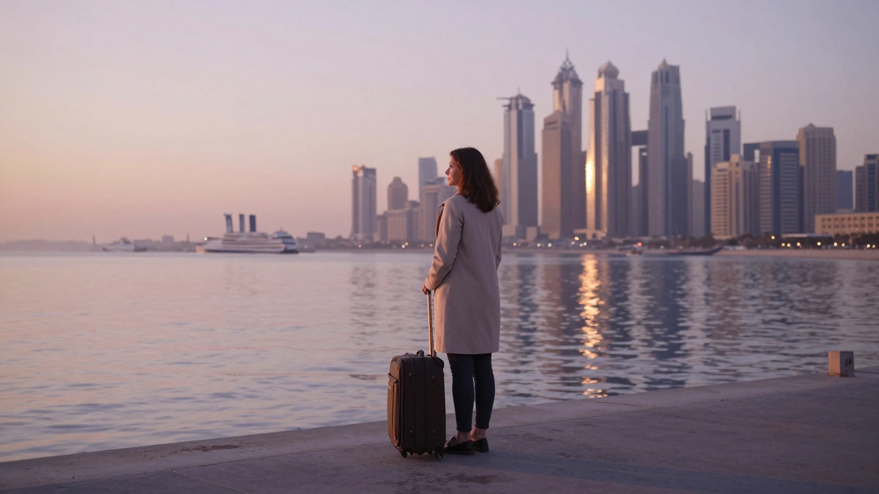 A Russian woman stands alone on a Dubai pier at sunrise, suitcase beside her, looking out over the water.