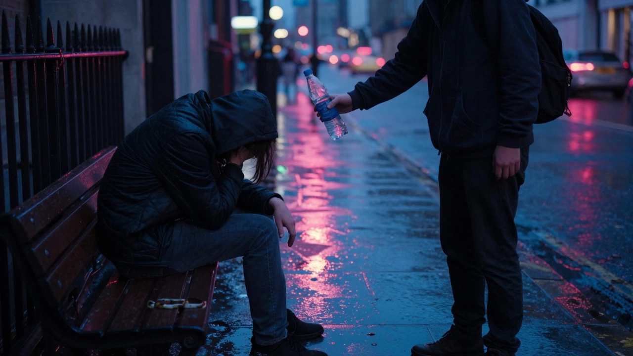 A stranger offers water to someone on a rainy bench in a city at 3 a.m.