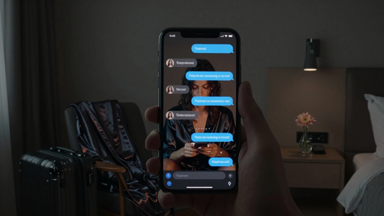 A woman types discreetly on a smartphone in a hotel room, the screen’s glow reflecting softly on her face.