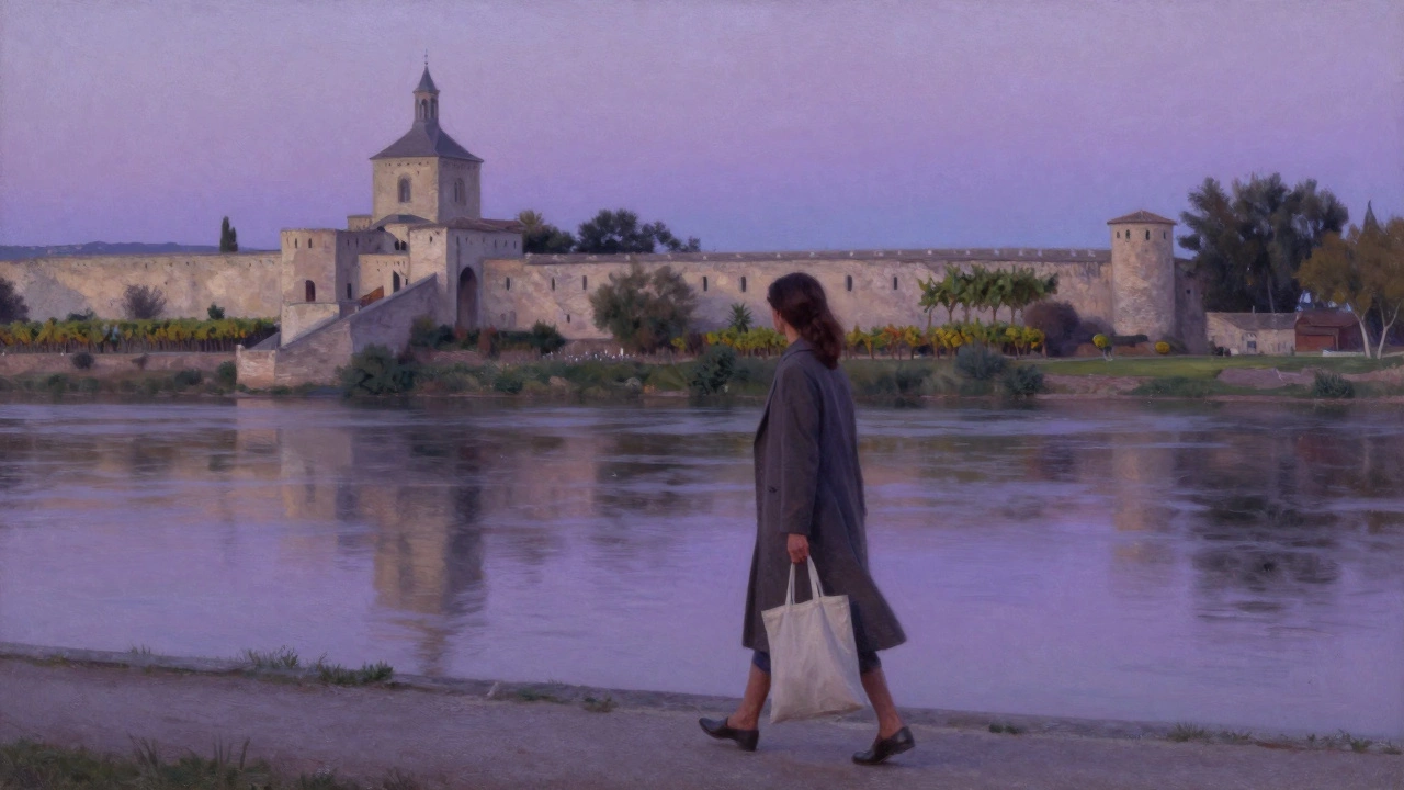 A woman walks peacefully along the Rhône River at dusk, her reflection visible in the water.