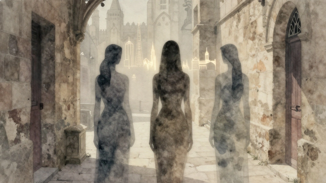 Three abstract female figures blend into Avignon&#039;s ancient alleyways, with faint city outlines behind them.